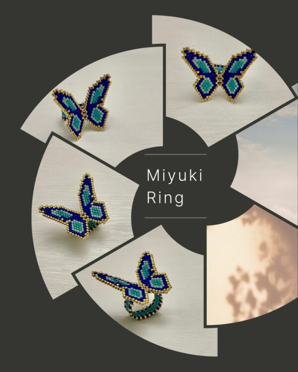 Beaded Miyuki butterfly ring with blue, teal, and gold details