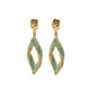 Golden leaf-shaped earrings with turquoise Miyuki peyote beadwork by The Gem Stories