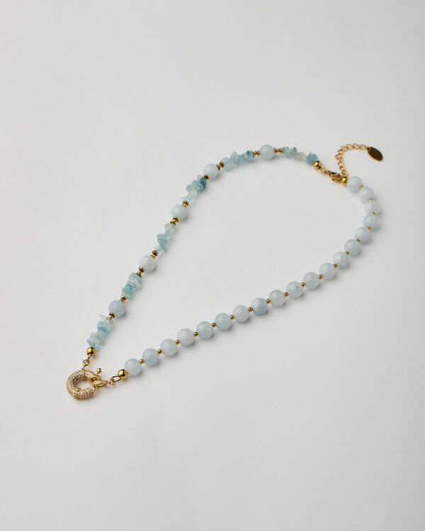 Full handmade aquamarine necklace with polished and raw beads, gold clasp and zircon crystals