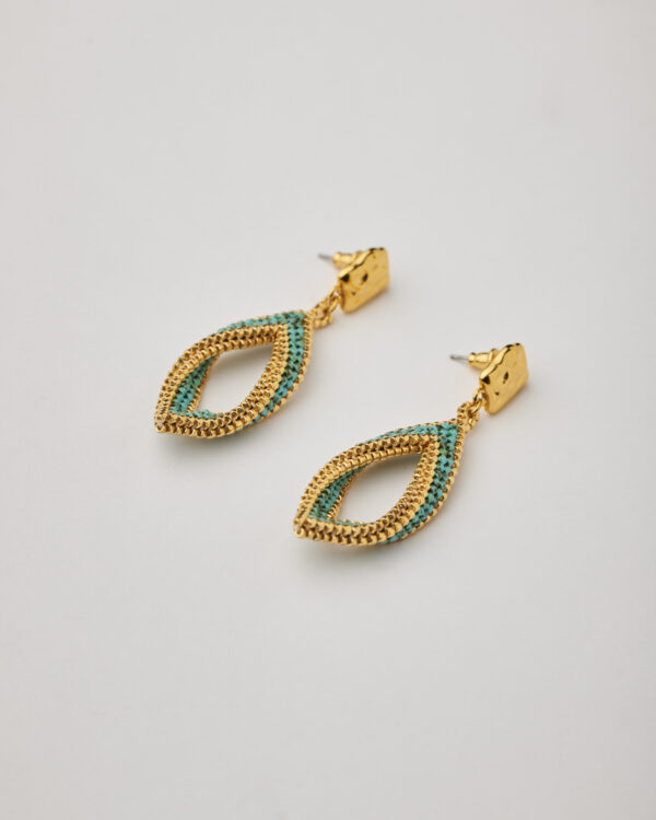 Golden leaf-shaped earrings with turquoise Miyuki peyote beadwork by The Gem Stories