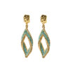 Golden leaf-shaped earrings with turquoise Miyuki peyote beadwork by The Gem Stories