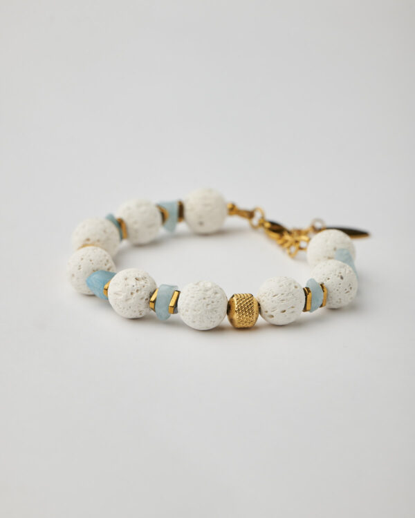 Full handmade white lava and aquamarine bracelet with gold-plated textured bead