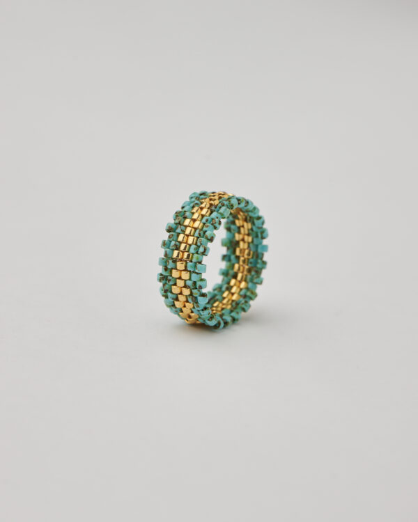 Miyuki peyote stitch ring in turquoise and gold by The Gem Stories