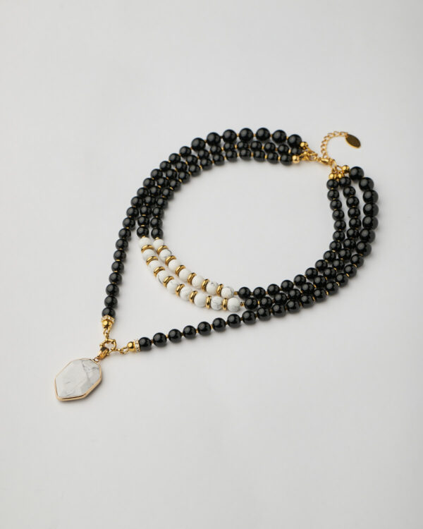 Handmade multilayer necklace with black onyx, white marble beads and gold-plated marble pendant
