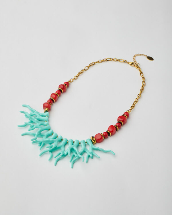 Handmade necklace with turquoise coral charms and red beads