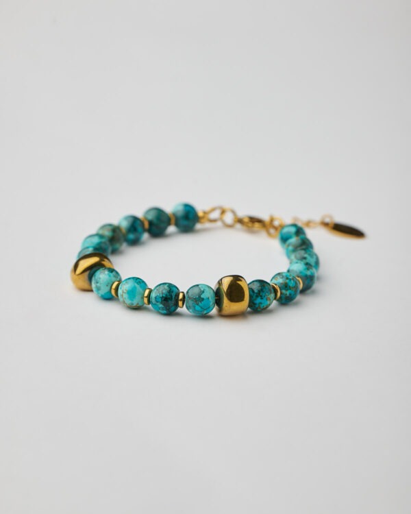 Full handmade bracelet with marble aquamarine howlite beads and gold accents