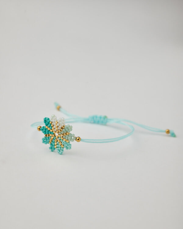 Handmade bracelet with turquoise-white-gold Miyuki flower on adjustable cord