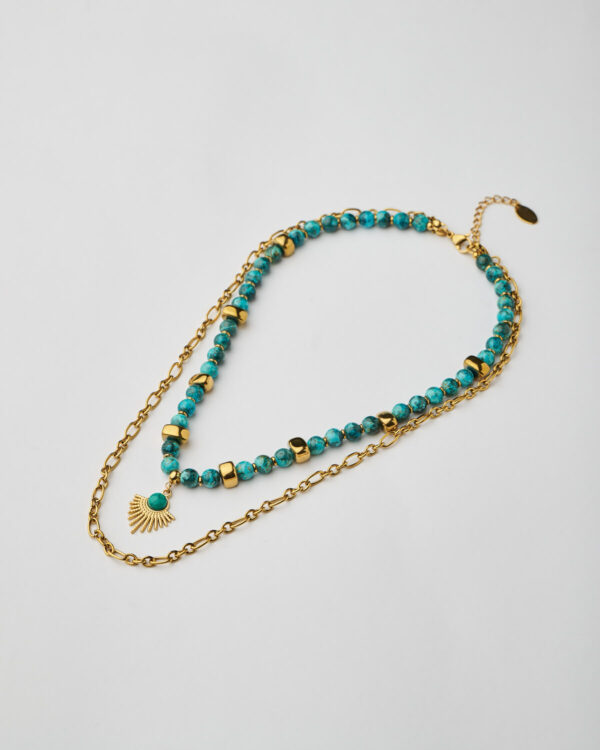 Handmade layered necklace with marble aquamarine howlite beads and sunburst gold pendant