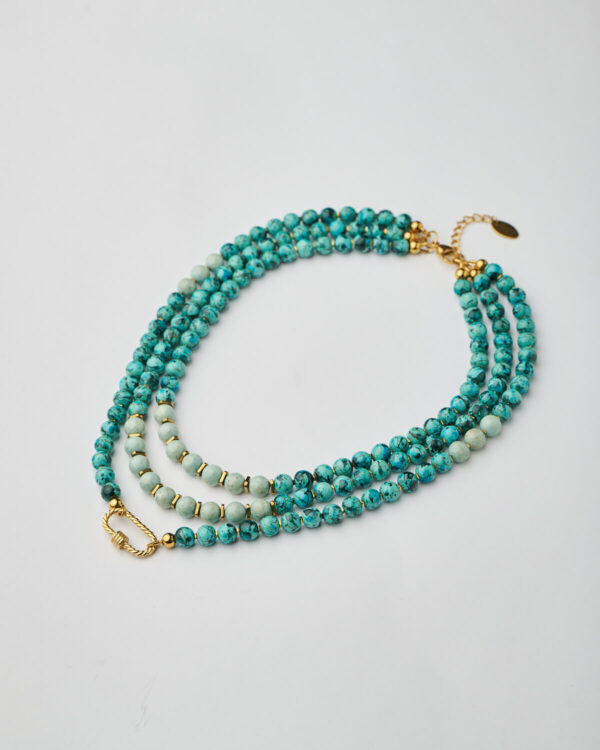 Full handmade necklace with marble aquamarine howlite beads and three-strand design