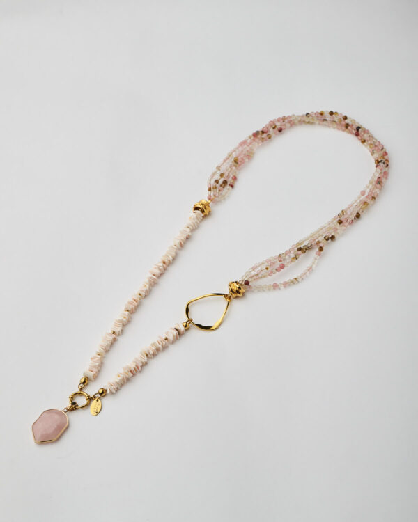 Full handmade necklace with rose quartz pendant, shell chips, and multistrand tourmaline beads