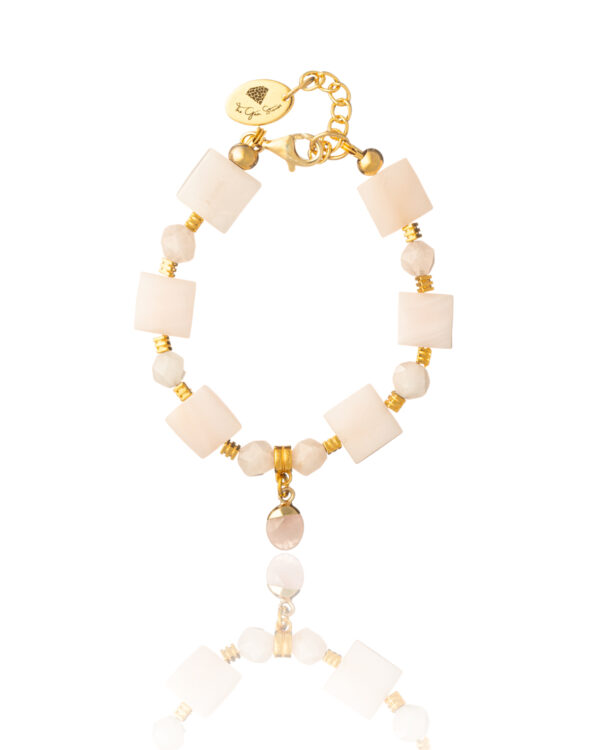 Handmade blush rose quartz bracelet with gold-plated elements by The Gem Stories