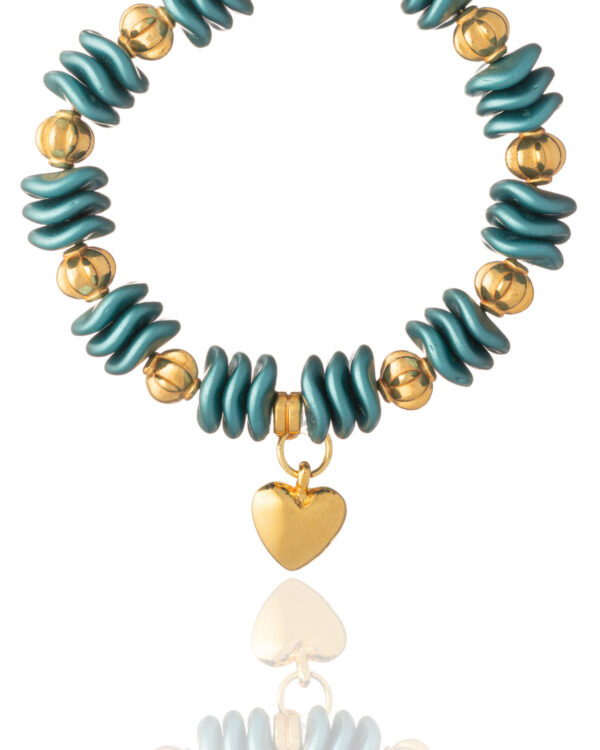 Pastel emerald bracelet with ripple beads, gold accents, and a heart charm on a white background