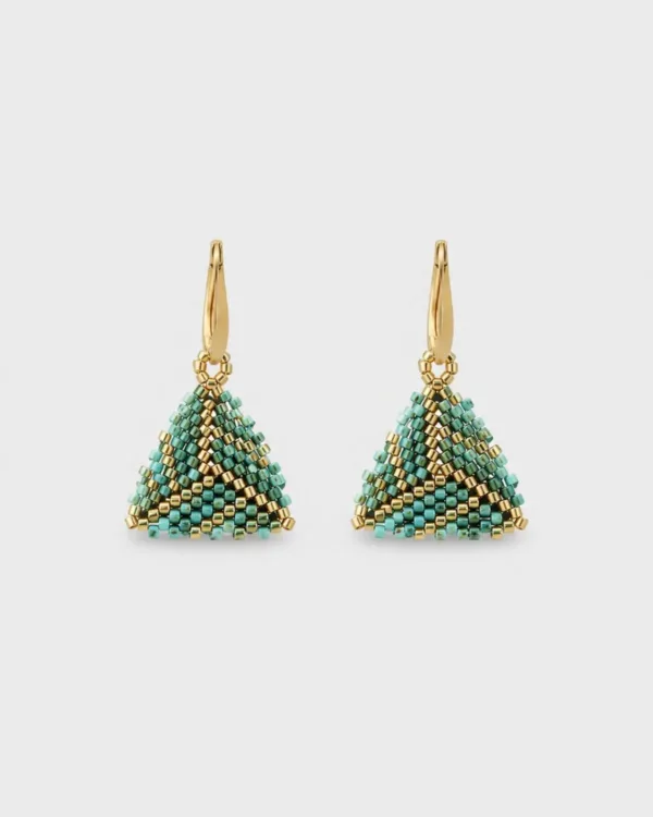 Handmade Miyuki triangle earrings in Picasso gold by The Gem Stories