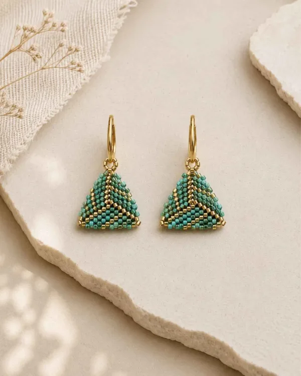 Handmade Miyuki triangle earrings Picasso gold concept by The Gem Stories