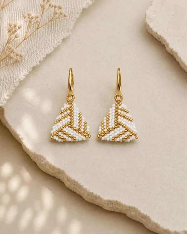 Handmade Miyuki triangle earrings white gold concept by The Gem Stories