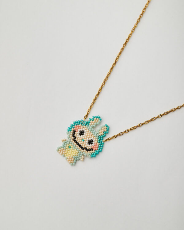 Close-up of Labubu Miyuki necklace by The Gem Stories