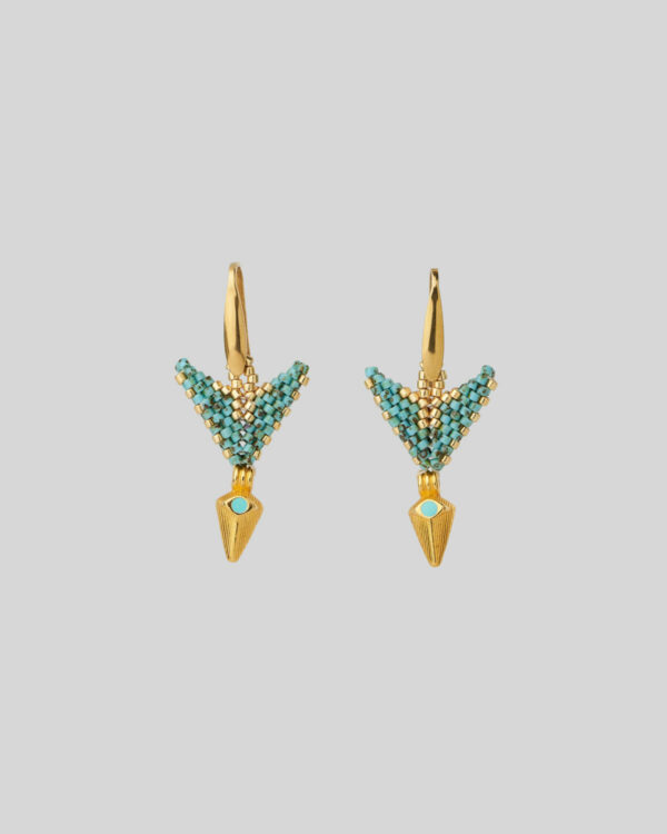 White, turquoise and gold triangle peyote Miyuki earrings by The Gem Stories