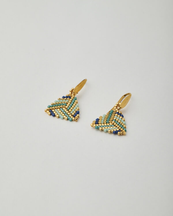 Turquoise blue and gold Miyuki triangle earrings by The Gem Stories