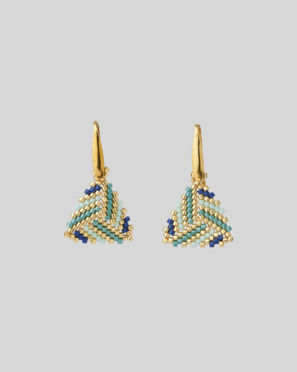 Turquoise blue and gold Miyuki triangle earrings by The Gem Stories