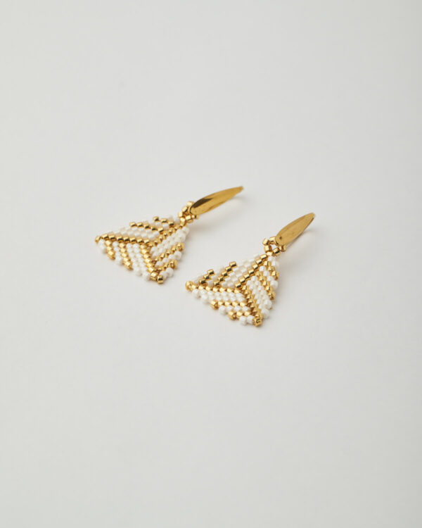 White and gold Miyuki triangle earrings by The Gem Stories