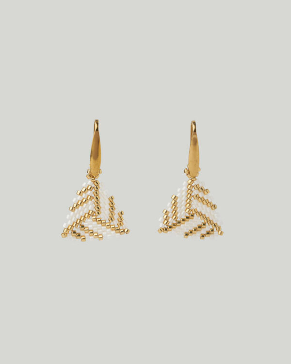 White and gold Miyuki triangle earrings by The Gem Stories