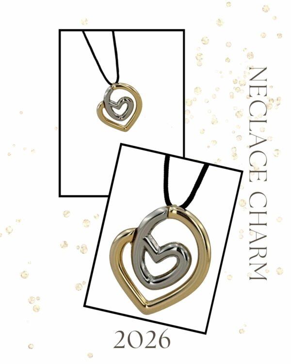 Gold Heart Necklace Charm by The Gem Stories – handmade double-heart pendant in gold and silver tones on black cord.