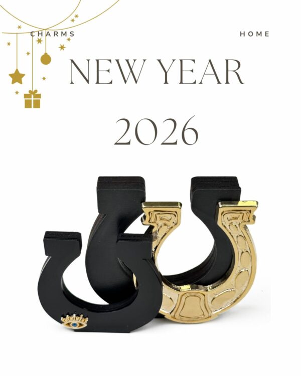 Lucky Horseshoe Home Charm 2026 by The Gem Stories – handmade black and gold charm symbolizing luck and protection.