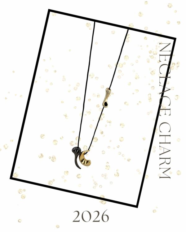 Black & Gold Dual Drop Necklace Charm by The Gem Stories – handmade pendant on black cord symbolizing balance and elegance.