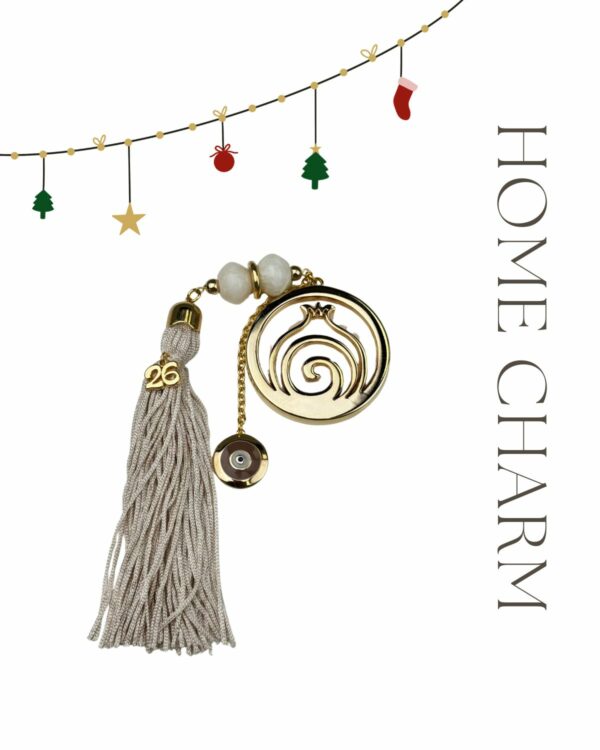 Nude Home Charm 2026 by The Gem Stories – handmade gold and nude pomegranate charm symbolizing prosperity, balance, and protection.