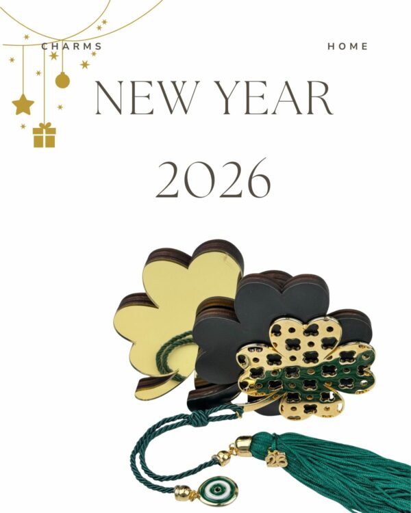 Trefoil Home Charm 2026 by The Gem Stories – handmade clover charm in gold, green, and wood tones symbolizing luck and prosperity.