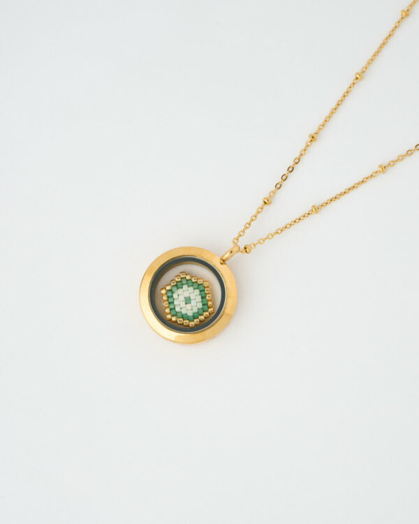Golden Green Evil Eye Miyuki Memory Locket Necklace by The Gem Stories