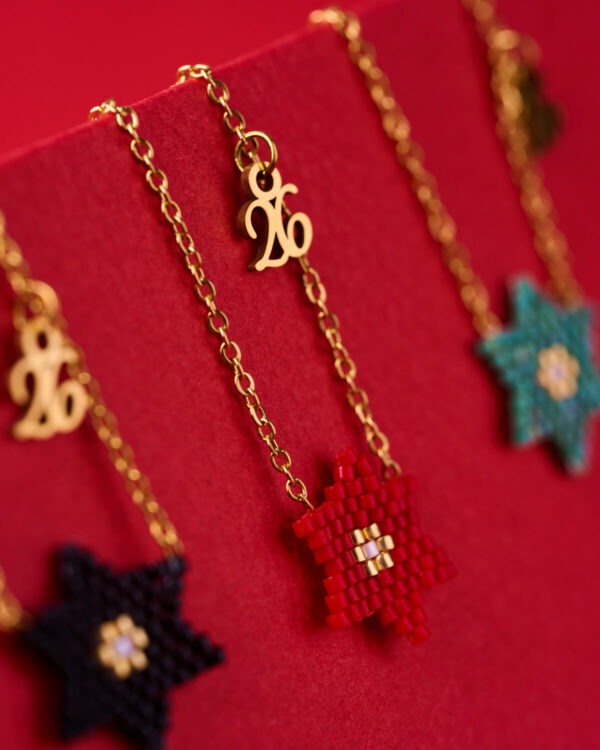 Miyuki New Year 26 Star Necklaces in black, red, and turquoise by The Gem Stories