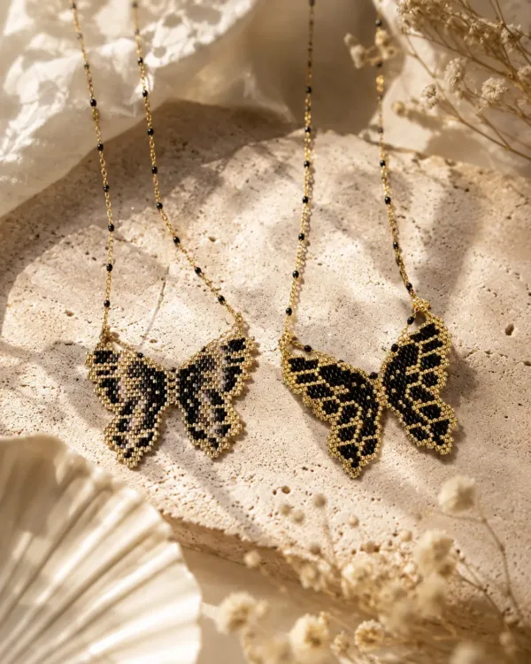 Handmade Miyuki Midnight Butterfly Necklace Concept featuring an elegant butterfly design with intricate Japanese beadwork in deep midnight tones.