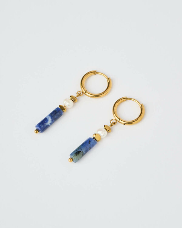 Lapis Lazuli Pearl Drop Earrings with gold hoop and natural pearl