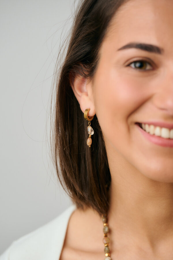 Κοντινή λήψη χρυσών σκουλαρικιών κρίκων με κιτρίνη και μαργαριτάρι φορεμένων από μοντέλο από τη The Gem Stories.