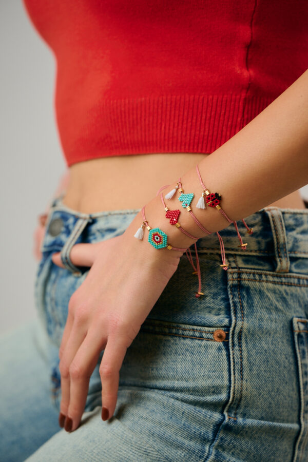 Stacked Miyuki Martaki bracelets worn by model by The Gem Stories