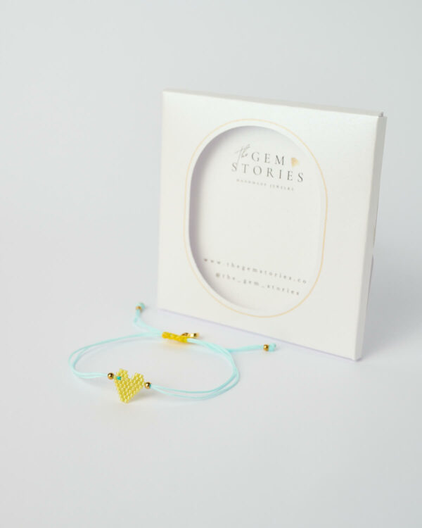 Βραχιόλι Miyuki με καρδιά κίτρινο-μπλε, χειροποίητο βραχιόλι με χάντρες και χρυσές χάντρες, από το The Gem Stories