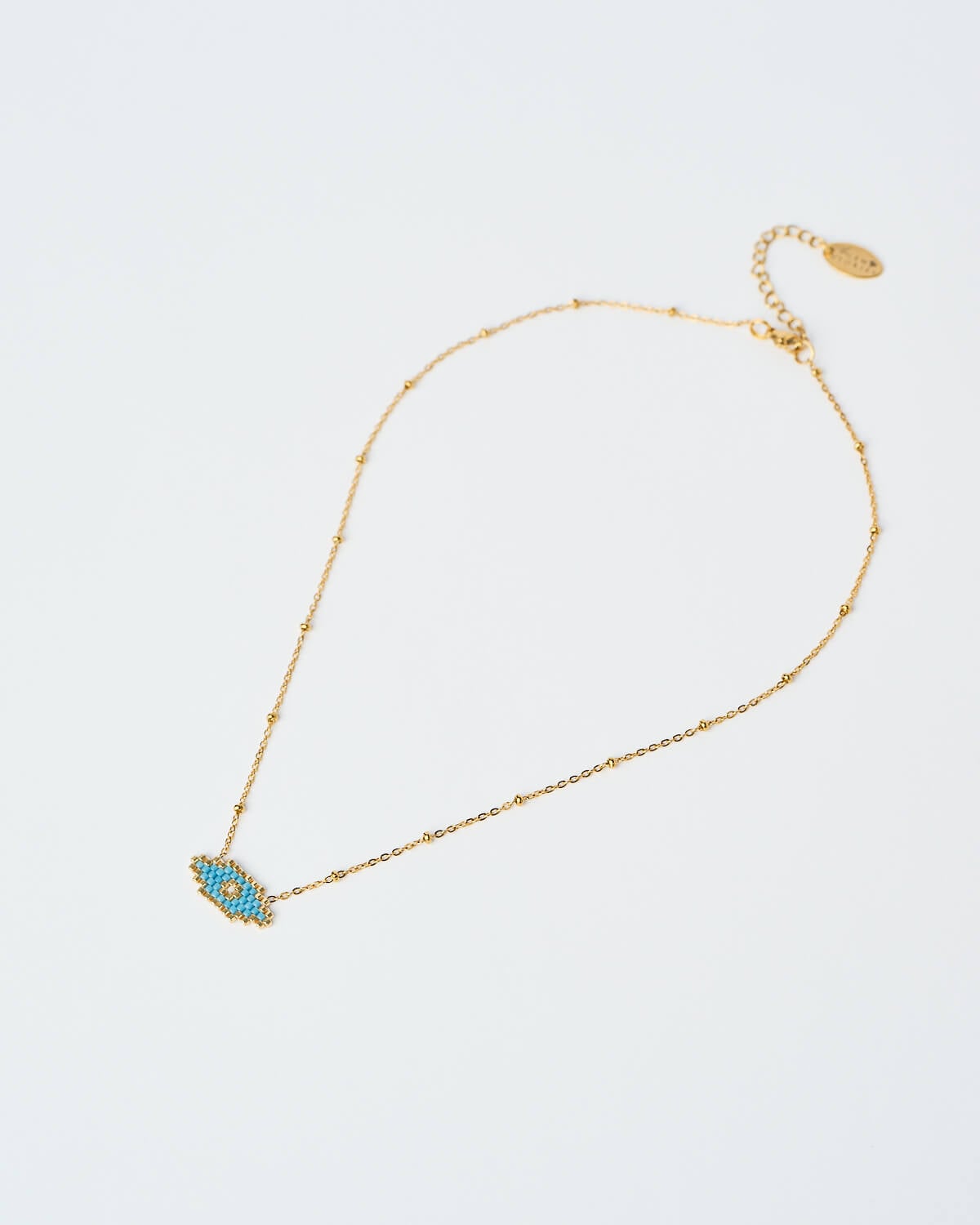 Λεπτό κολιέ Miyuki Evil Eye – Μπλε Λεπτό κολιέ Miyuki Evil Eye σε μπλε απόχρωση με χρυσή αλυσίδα, χειροποίητο από το The Gem Stories