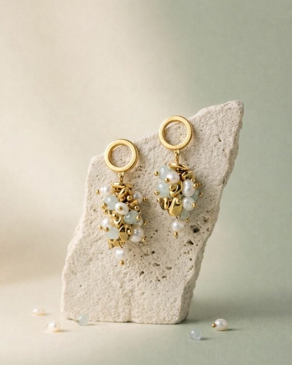 Golden Pearl and Aquamarine Cluster Earrings