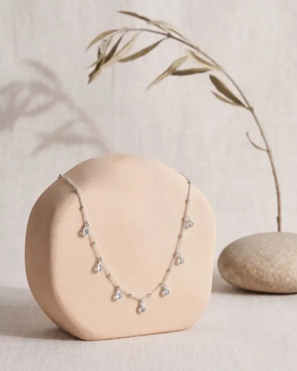 Handmade White Drops Necklace Concept featuring elegant white drop elements with a rhodium plated finish and refined design.