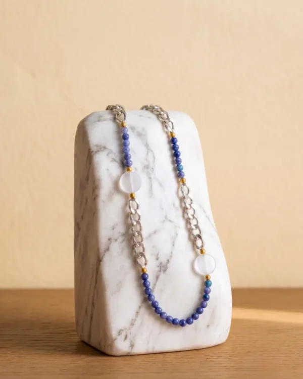 Handmade Lilac Jade Necklace Concept featuring lilac jade beads, white agate stones, and an elegant chain detail.