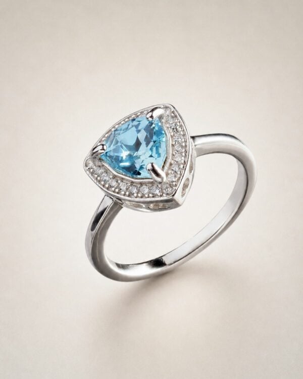 Aquamarine Trilliant Ring with Rhodium Plating