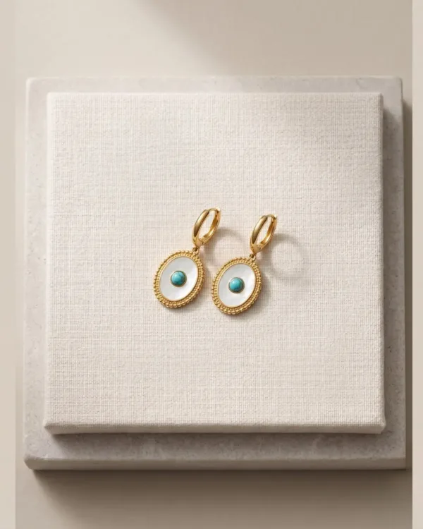 Handmade Turquoise White Oval Gold Earrings Concept 2 featuring elegant turquoise details, white oval accents, and refined gold elements.