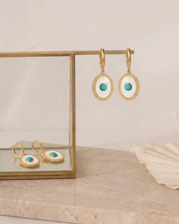 Handmade Turquoise White Oval Gold Earrings Concept featuring turquoise accents, white oval elements, and elegant gold details.