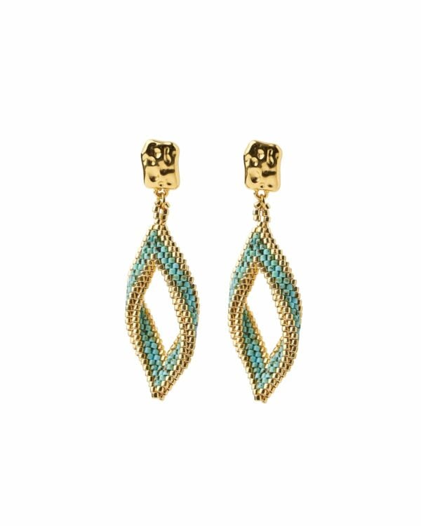 Golden leaf-shaped earrings with turquoise Miyuki peyote beadwork by The Gem Stories