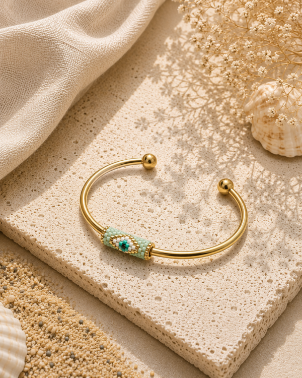 Gold Cuff Bracelet with Miyuki Evil Eye