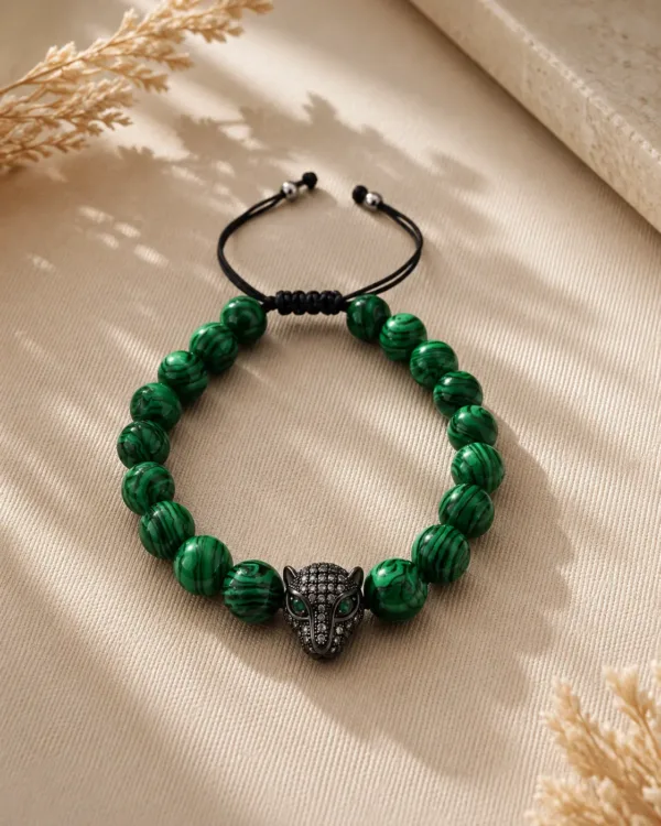 Handmade Malachite Panther Beaded Bracelet featuring green malachite tones and an elegant panther-inspired design.