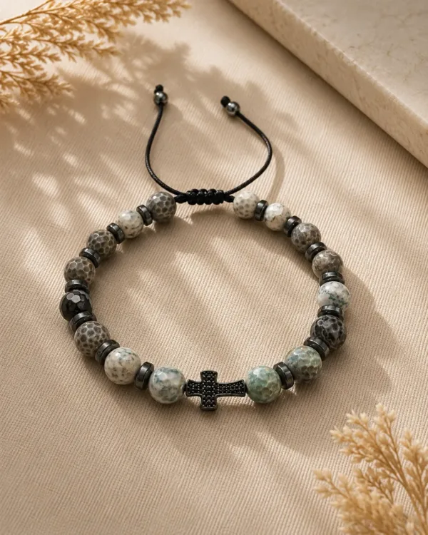 Handmade Jade Stone Cross Bracelet featuring natural jade beads and an elegant cross charm design.