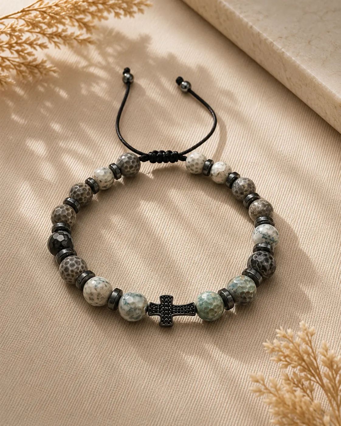 Jade Stone Cross Bracelet Handmade Jade Stone Cross Bracelet featuring natural jade beads and an elegant cross charm design.