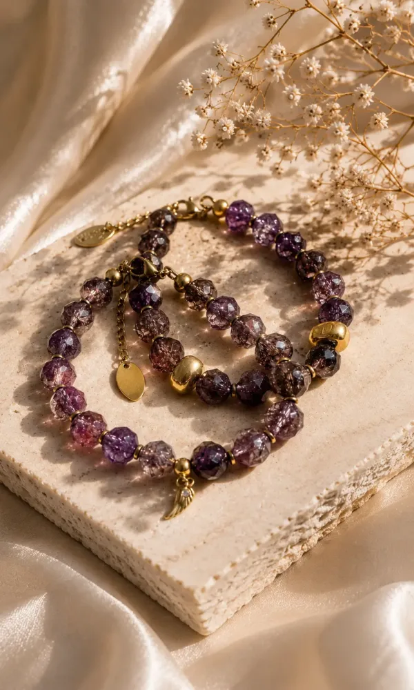 Wings of Light Bracelets with faceted crystal beads, golden details and delicate wing charms by The Gem Stories